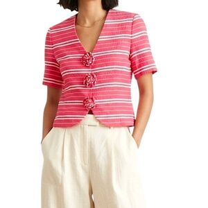 Vintage 80s 90s watermelon pink white stripe cropped rosette old money jacket 10